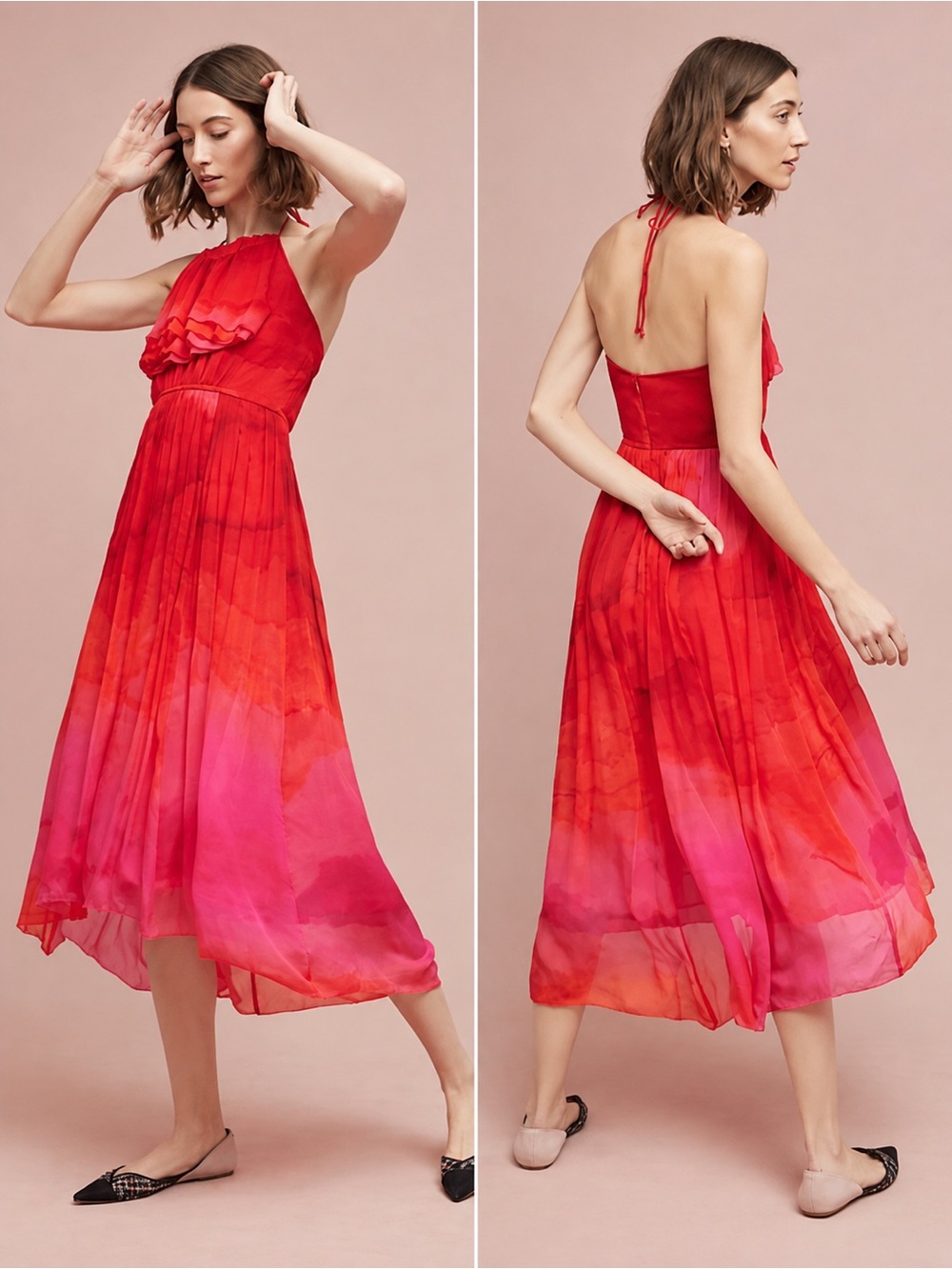 Anthropologie Tracy Reese Women’s 0P Cascade 
Pink Red Ombre Halter Hi Low Dress